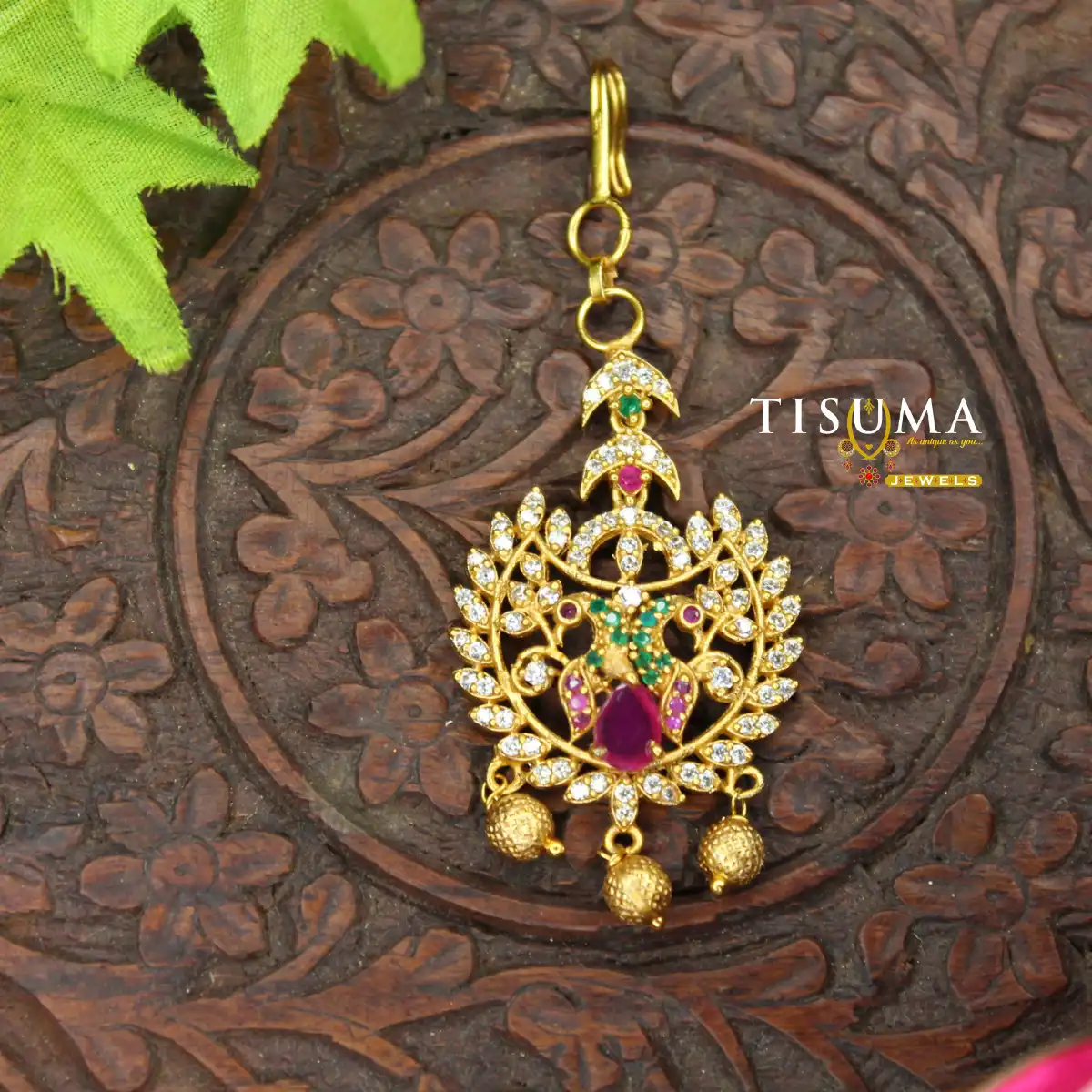 Premium AD Peacock Design Ruby Green Stone Nethi Chutti