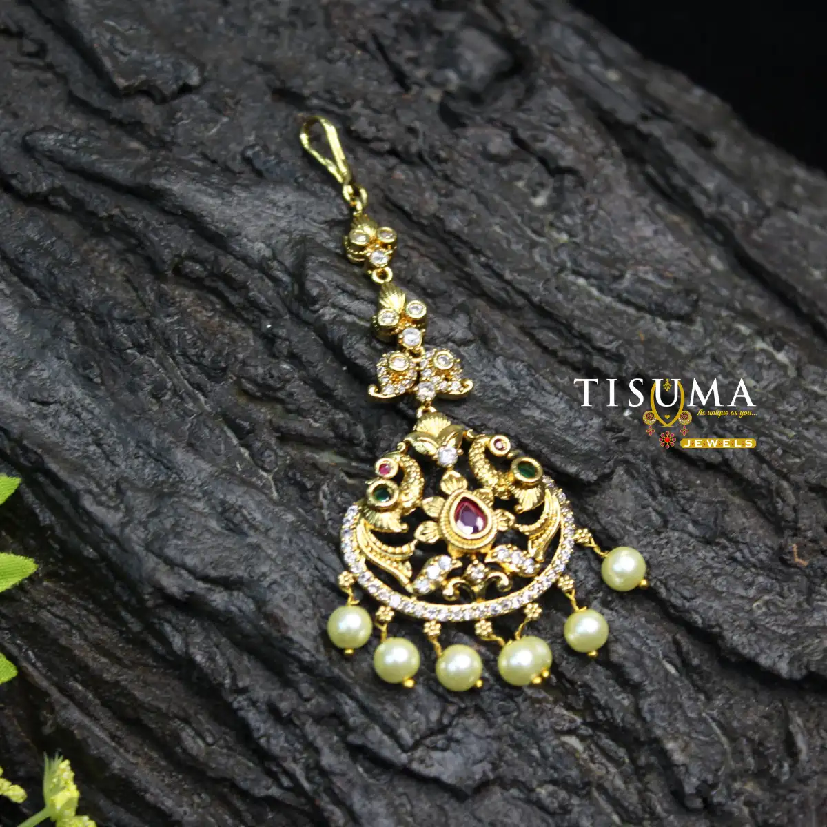 Traditional Peacock Ruby Green Stone Pearl Drop Nethi Chutti