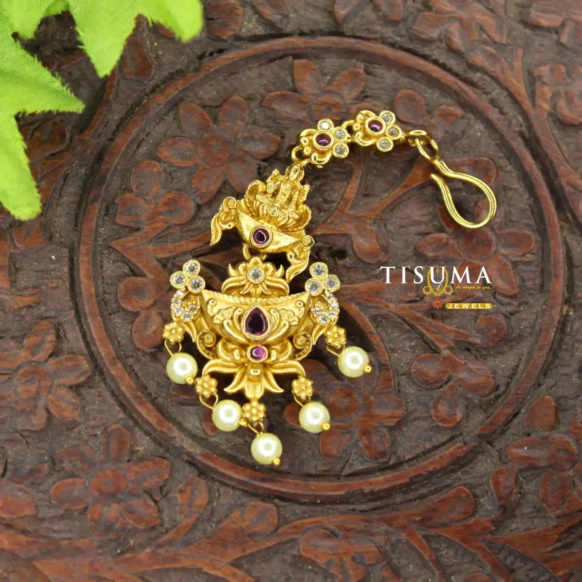 Traditional Lakshmi Ruby Stone Pearl Drop Nethi Chutti