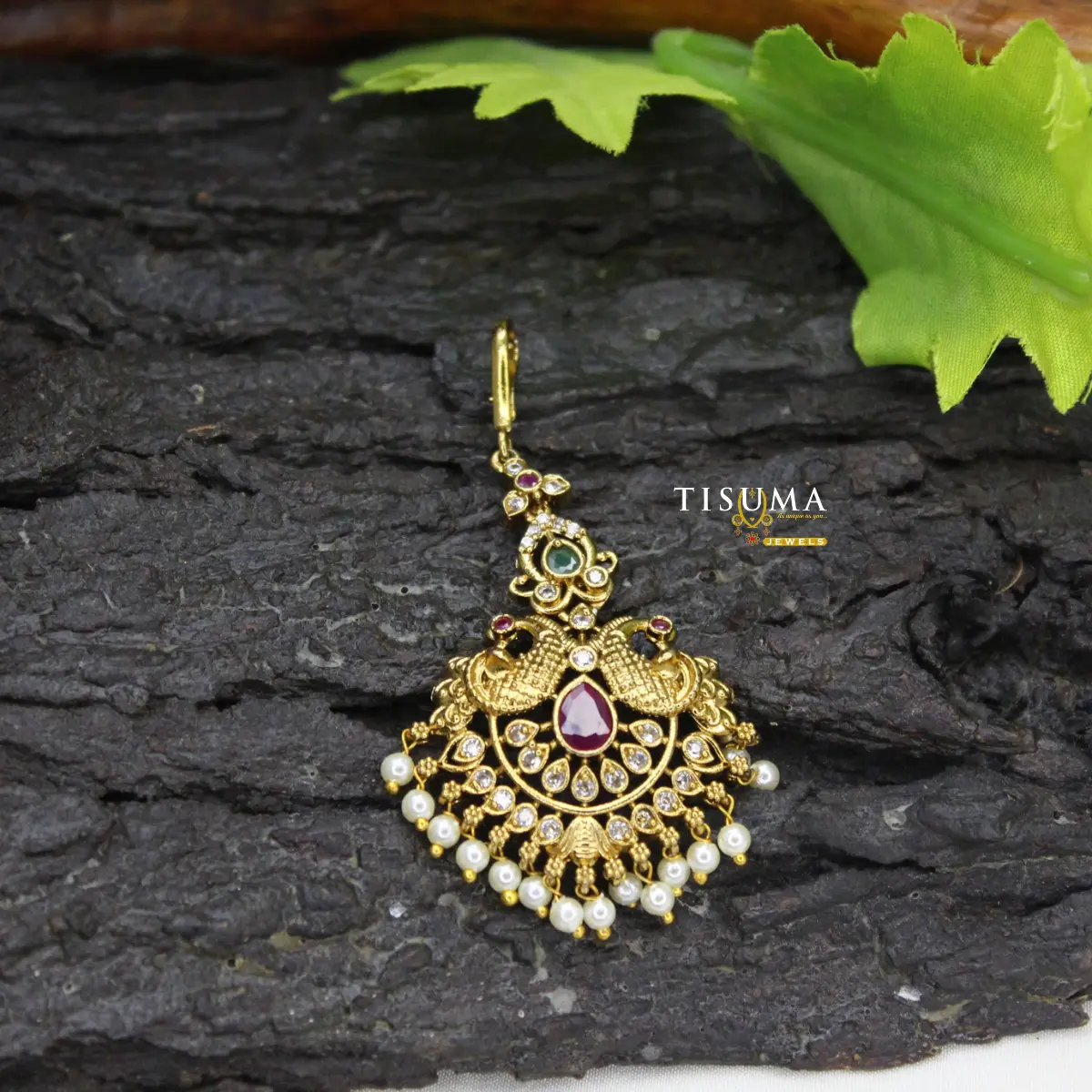 Peacock Ruby Green Stone Pearl Drop Nethi Chutti