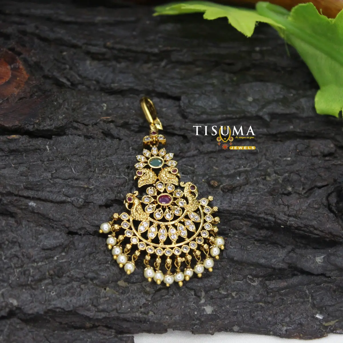 Peacock Ruby Green Stone Pearl Drop Nethi Chutti