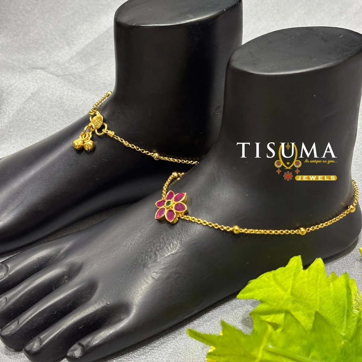 Ruby Green Floral Gold Chain Anklet