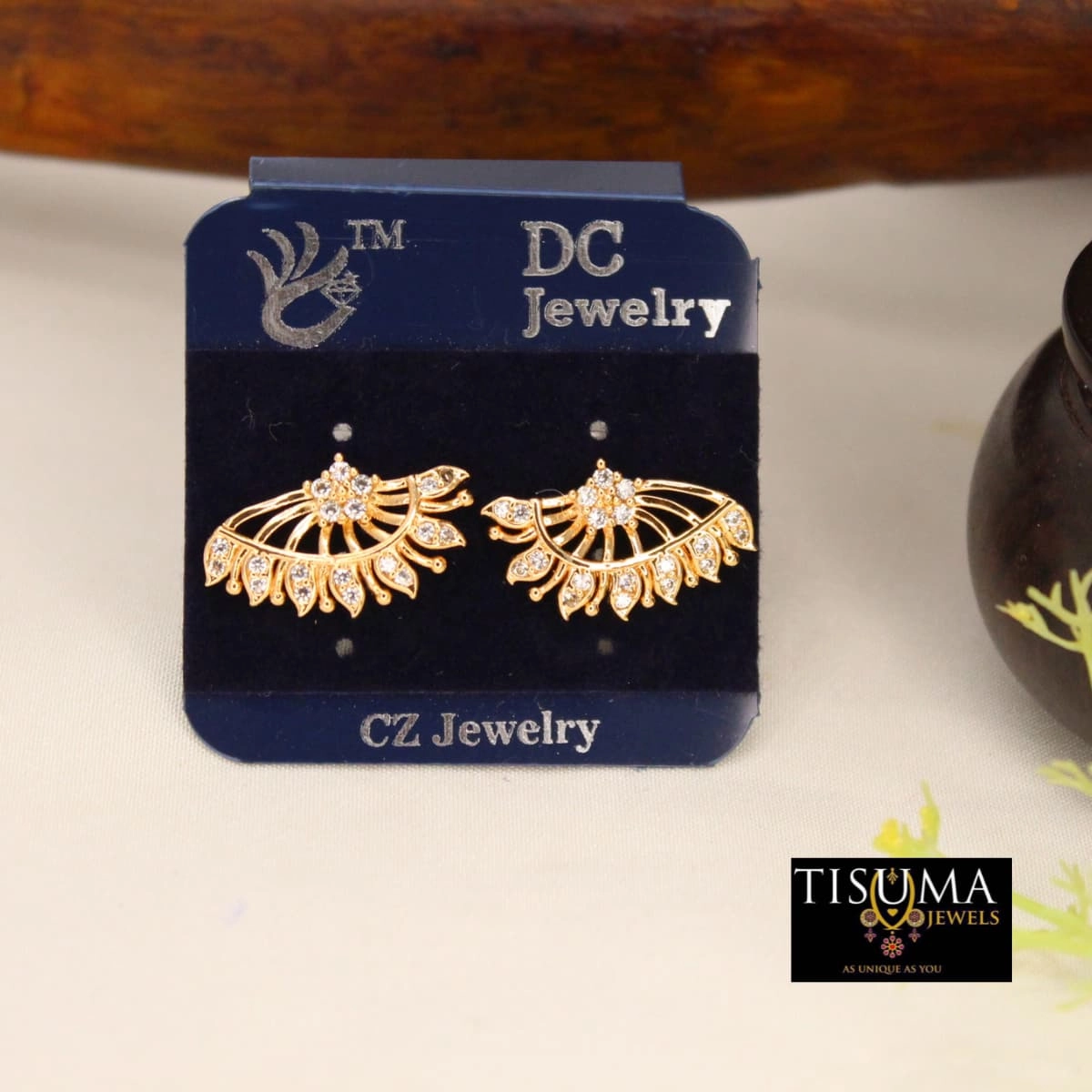 CZ Floral Fan Design Stud Earrings