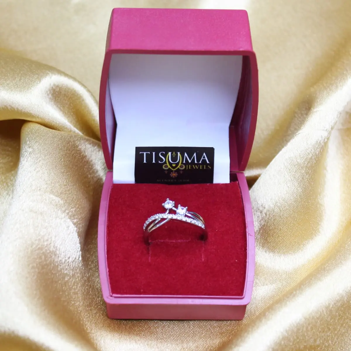 Fancy Silver Ring Featuring Duo Solitaire Twin CZ Crossover Bypass Band in Red Velvet Box for Women