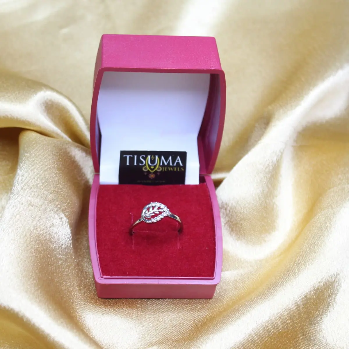 Botanical Leaf Branch Openwork Motif Fancy Silver Finger Ring with Pavé CZ Accents in Velvet Gift Box for Women