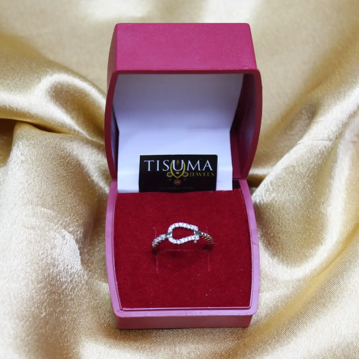 Contemporary Geometric Buckle Horseshoe Motif Pavé CZ Fancy Silver Finger Ring in Velvet Gift Box for Women