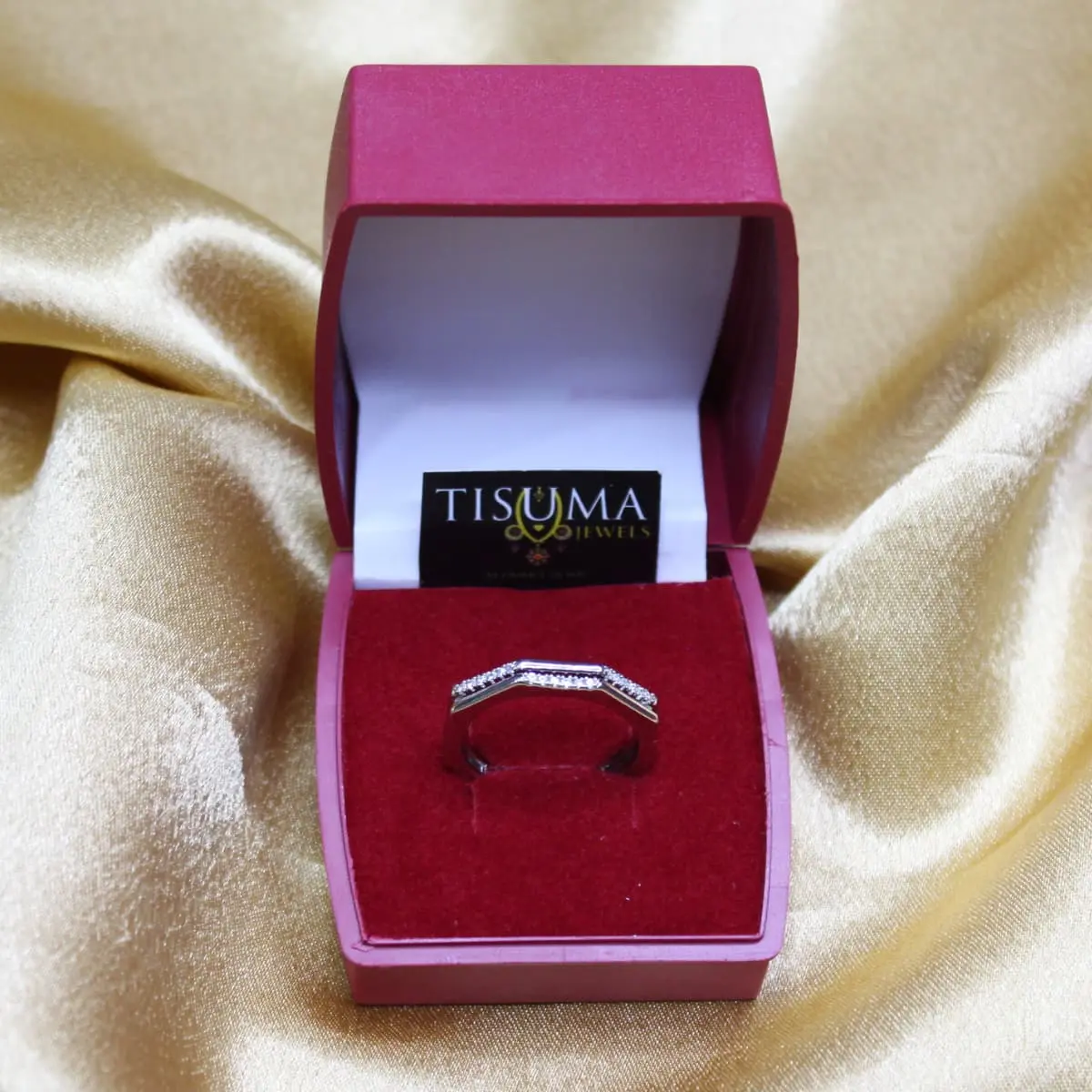Minimalist Geometric Contoured Chevron Micro Pavé CZ Fancy Silver Band Ring in Velvet Gift Box for Women
