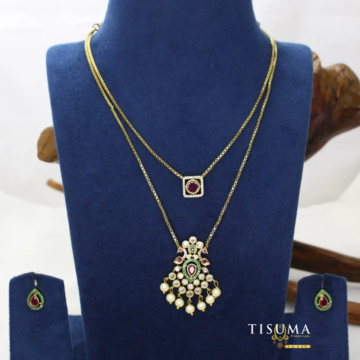 Dual Layer Gold Plated Box Chain Necklace Featuring Square Ruby Solitaire Pendant and Victorian CZ Chandelier Drop with Matching Stud Earrings