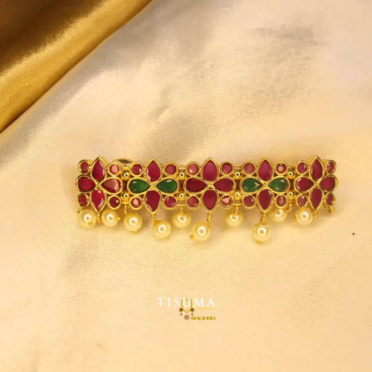 Traditional Gold Plated Kemp Ruby and Emerald Stone Floral Motif Hair Barrette Clip with Dangling Pearl Droplets for Women