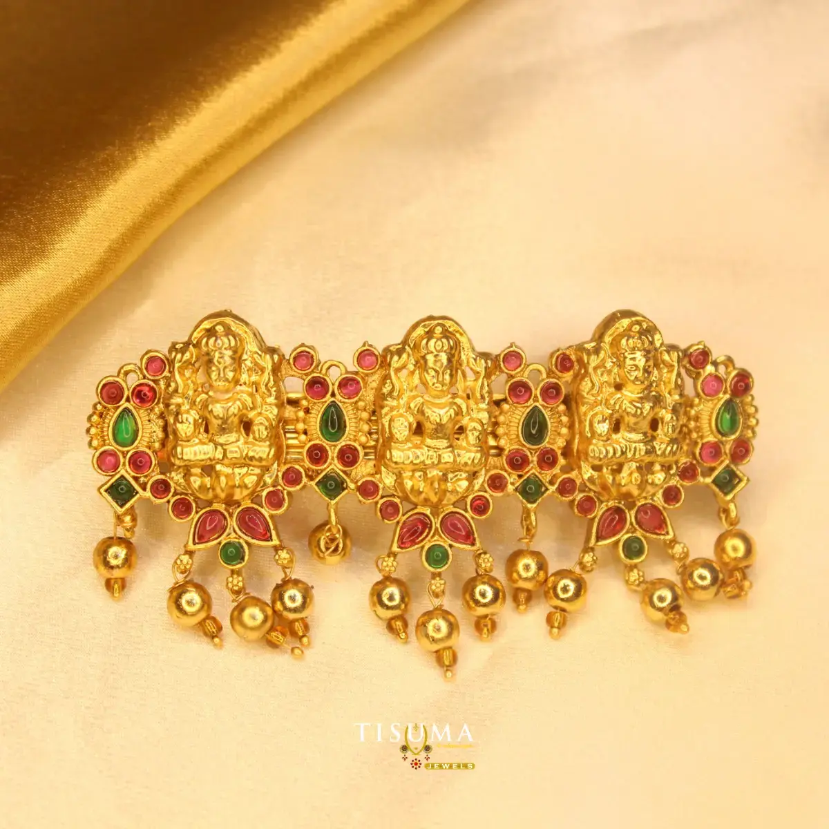 Antique Gold Plated South Indian Temple Hair Barrette Clip Featuring Tri Goddess Lakshmi Idols Kemp Stones and Dangling Golden Beads for Women