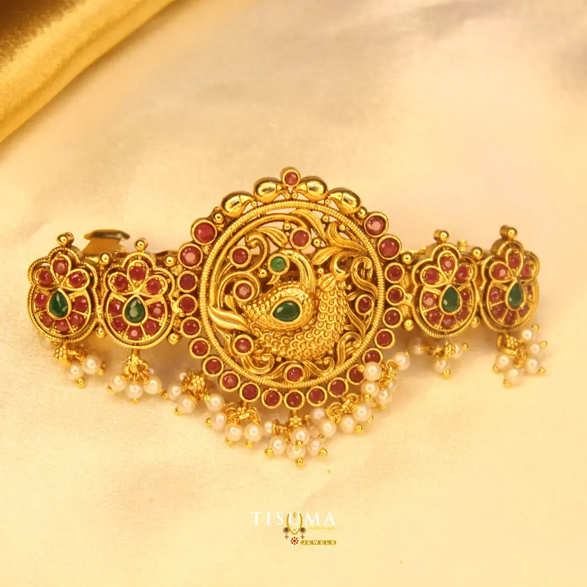 Traditional South Indian Antique Gold Plated Circular Peacock Medallion Kemp Stone Hair Barrette Clip with Dangling Seed Pearl Bunches for Women