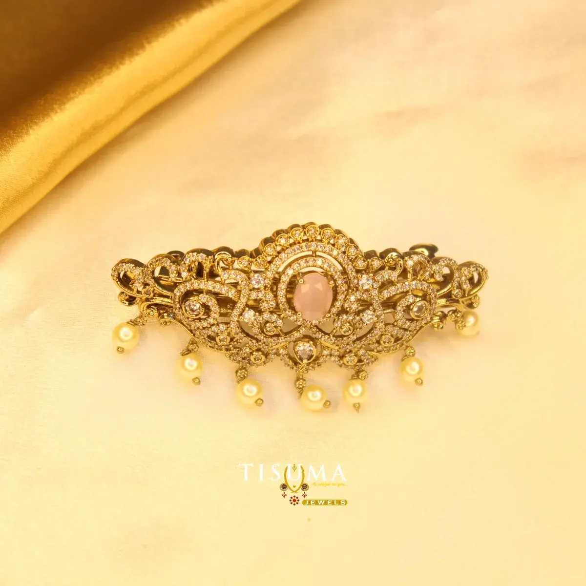 Victorian Antique Gold Plated Hair Barrette Clip Featuring Morganite Pink Centerpiece Pavé CZ Filigree and Pearl Droplets for Women