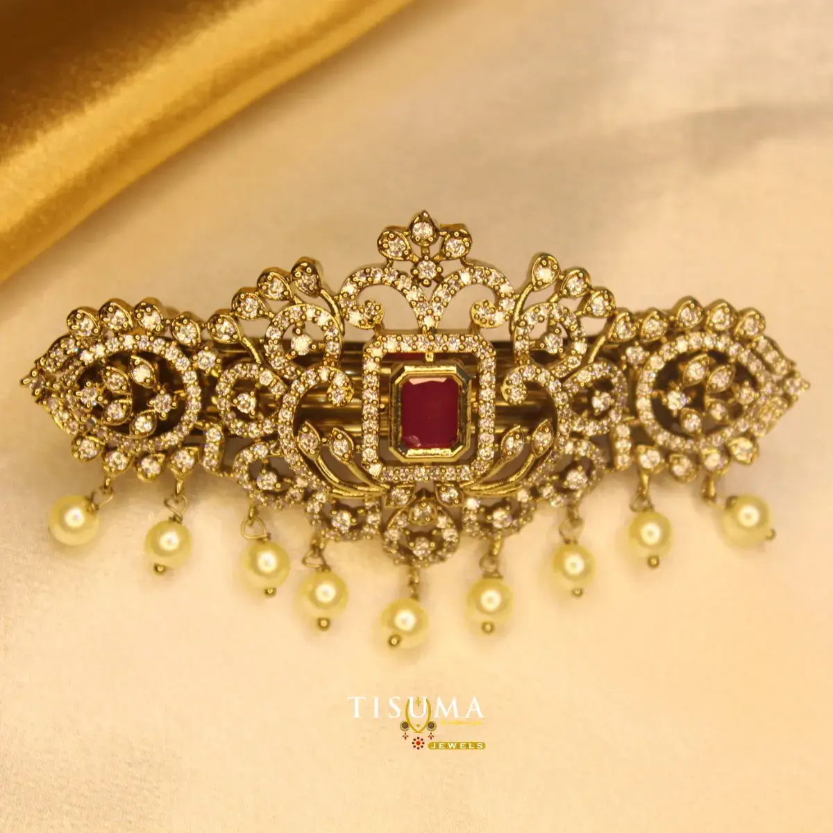 Victorian Antique Gold Plated Hair Barrette Clip Featuring Emerald-Cut Ruby Centerpiece Micro Pavé CZ Filigree Wings and Pearl Droplets for Women
