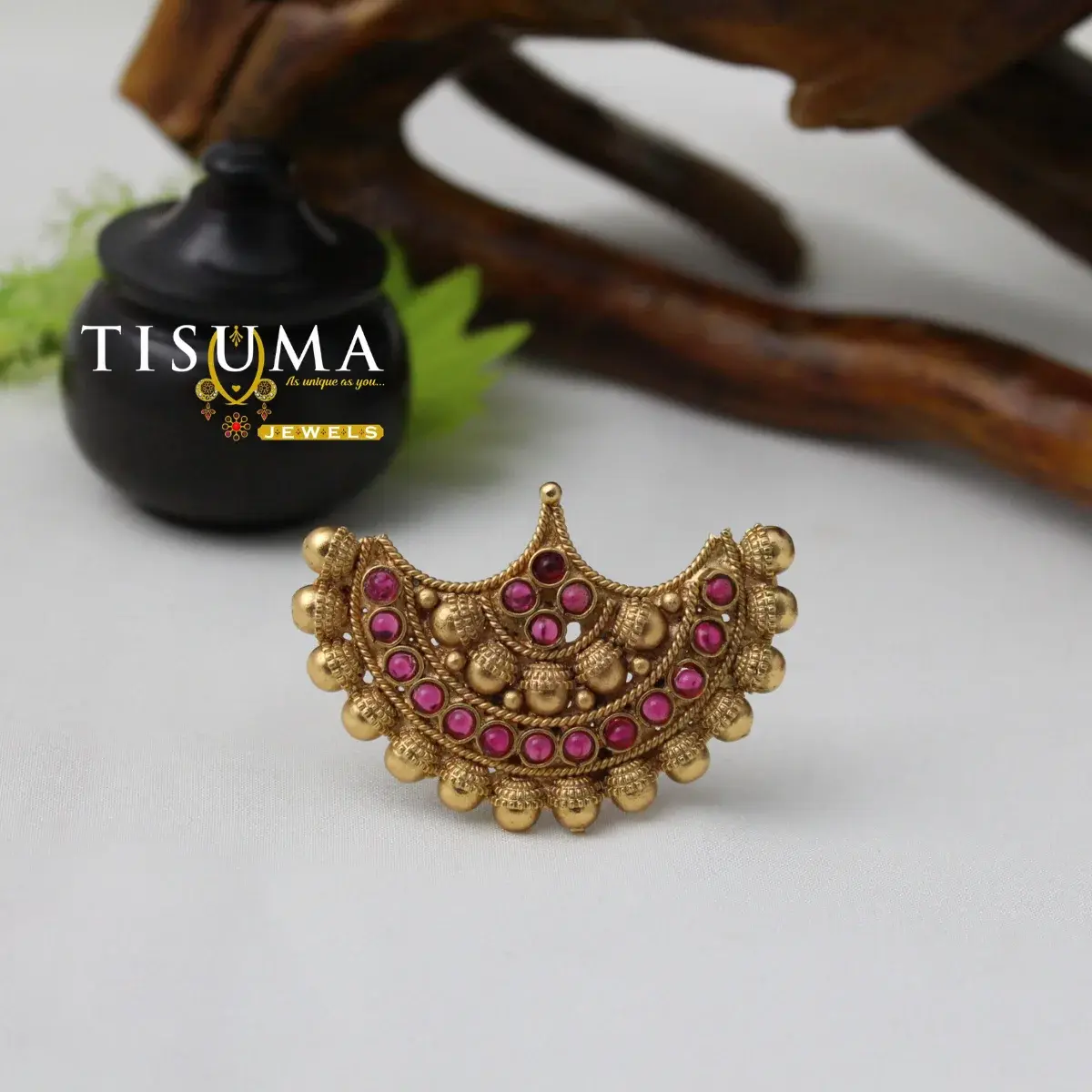 Traditional Antique Matte Gold Plated Peaked Crescent Chandbali Motif Kemp Ruby Stone Statement Finger Ring for Women