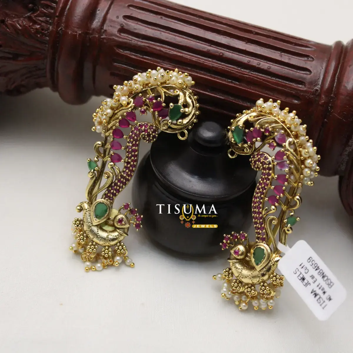 Traditional South Indian Antique Matte Gold Plated Peacock Motif Kemp Stone Full Ear Cuff Earrings with Seed Pearl Bunches for Women