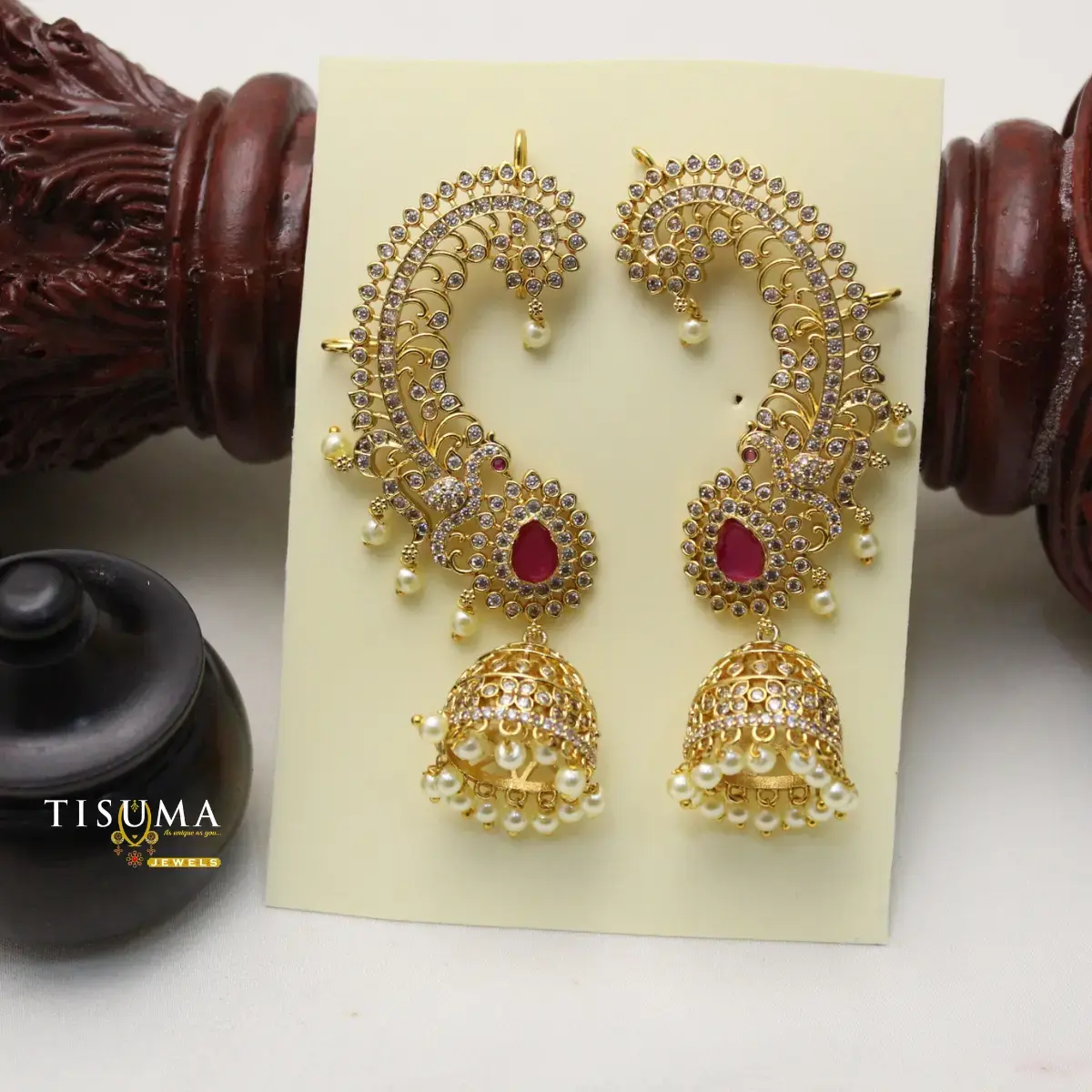 Bridal Matte Gold Plated American Diamond Pavé CZ Full Ear Cuff Jhumka Earrings Featuring Ruby Centerpiece and Hanging Pearl Droplets for Women