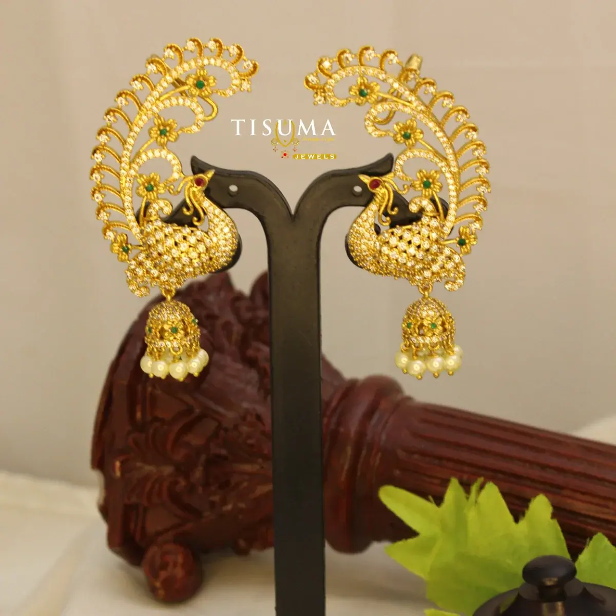 Traditional South Indian Matte Gold Plated Peacock Motif Full Ear Cuff Kaappu Jhumka Earrings with Hanging Pearl Droplets for Women