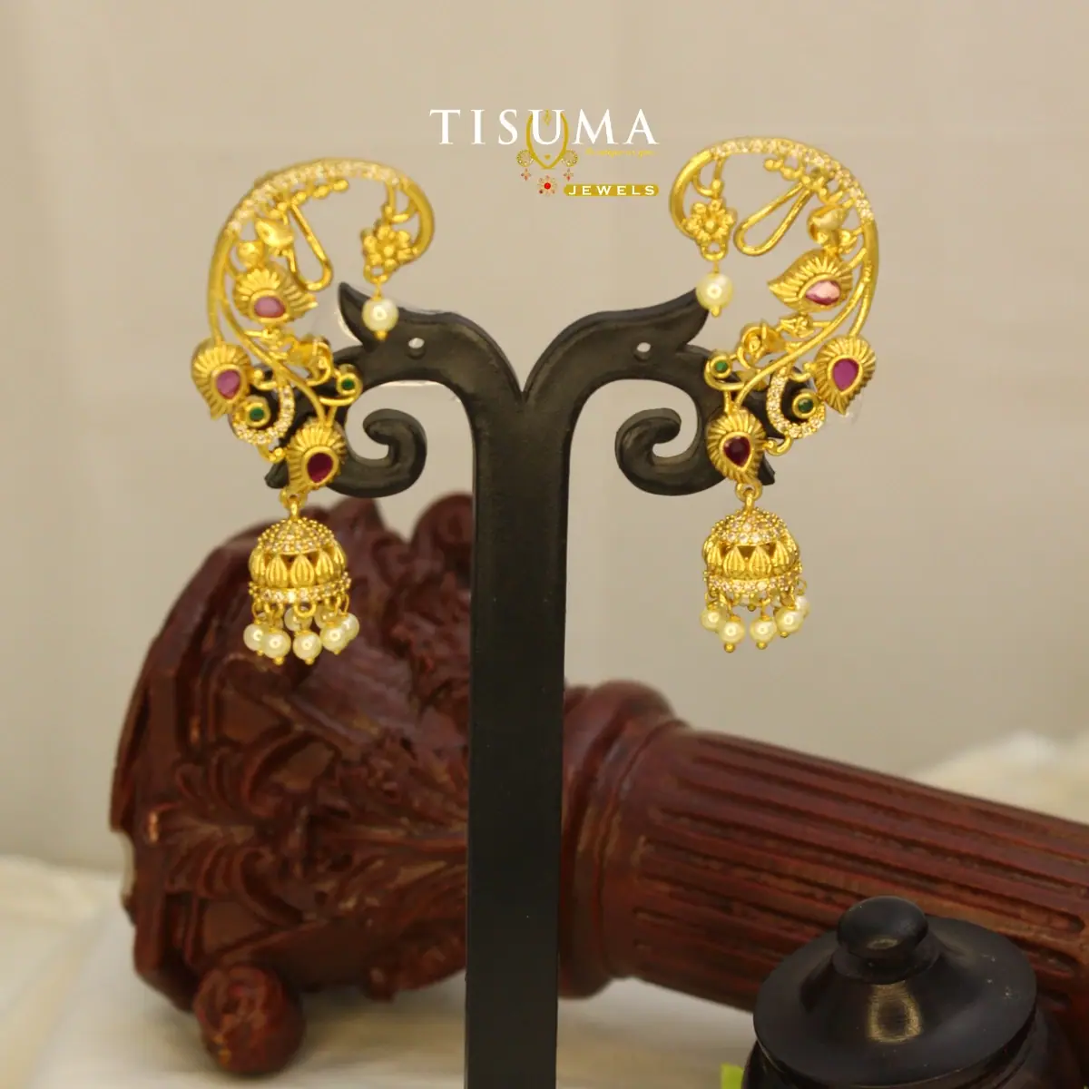 Traditional South Indian Matte Gold Plated Floral Swan Motif Full Ear Cuff Kaappu Jhumka Earrings with Dangling Pearls for Women