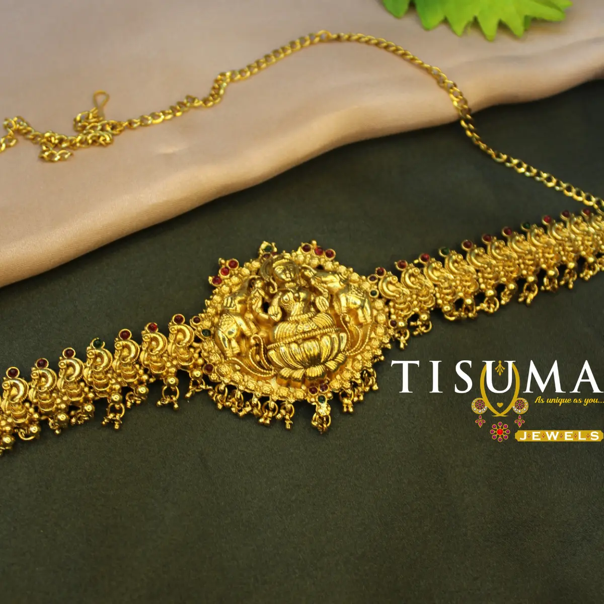 Antique gold-tone Lakshmi temple hip belt with peacock motifs and red green stone accents