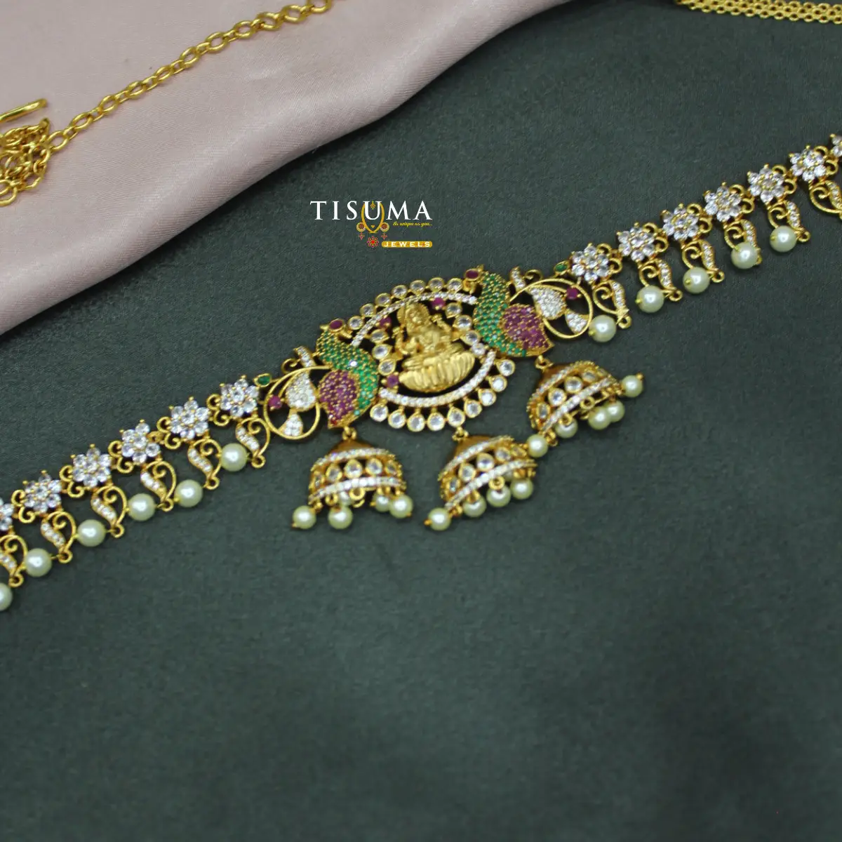 Antique gold Lakshmi peacock hip belt with colourful stones and pearl drops