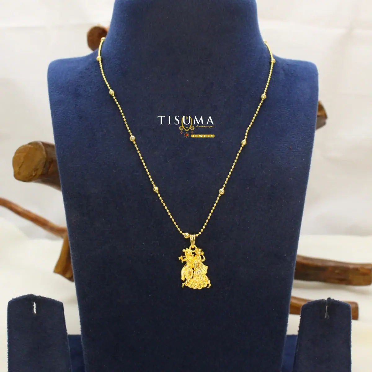 Traditional South Indian Gold Plated Sacred Divine Radha Krishna Deity Idol Dollar Pendant with Station Ball Bead Chain for Women and Men