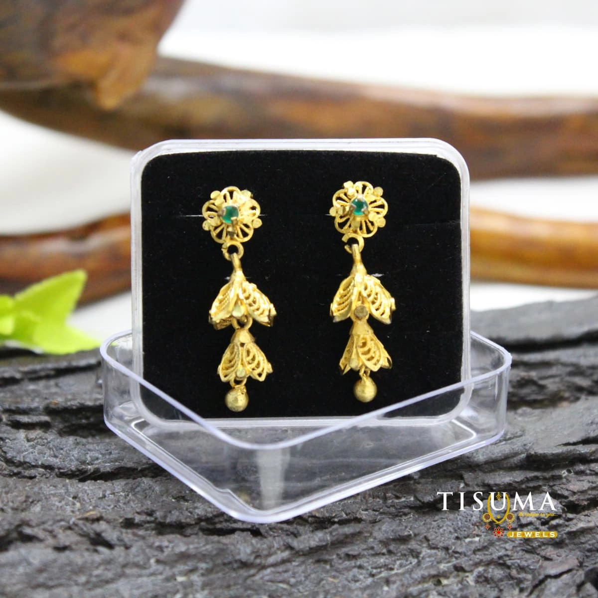 Green Stone Floral Triple Drop Earrings
