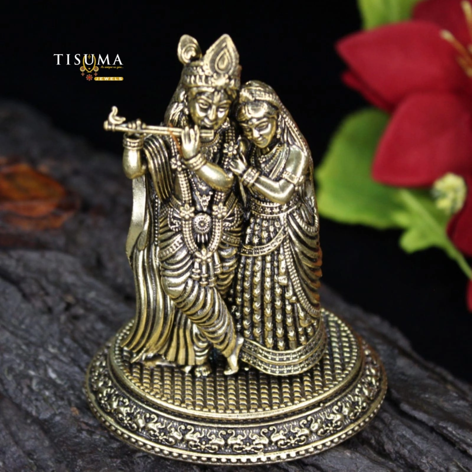 Antique Gold Finish Radha Krishna Idol with Flute