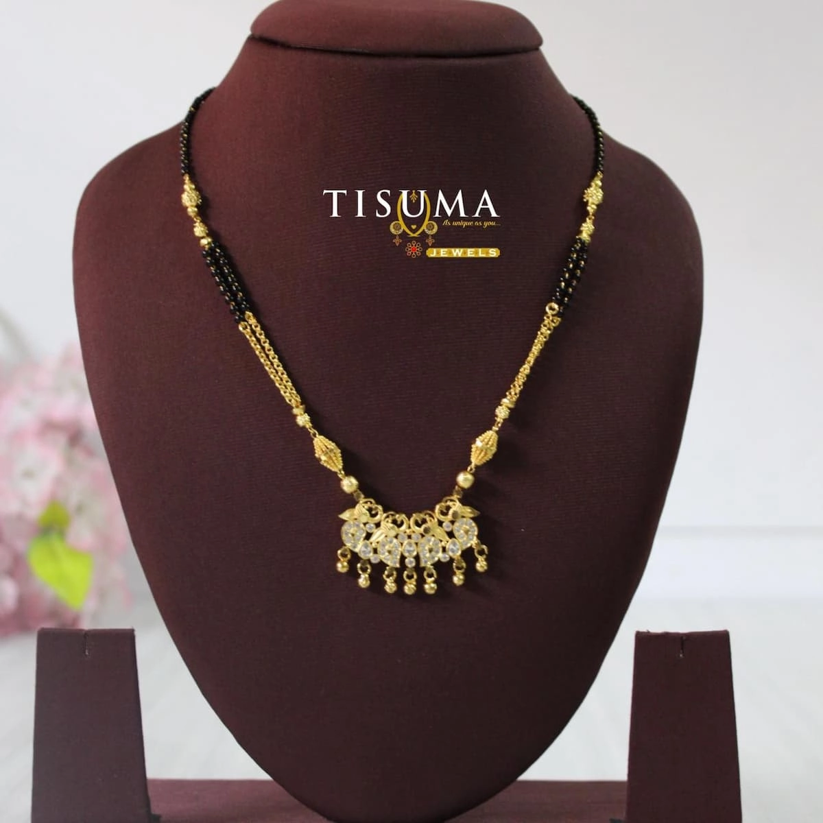One Gram Gold Finish Black Beads Mangal Sutra with AD Pendant