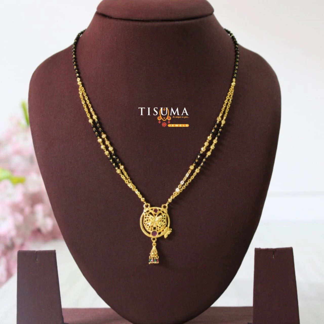 Double chain black beads mangal sutra with oval designer pendant by Tisuma Jewels