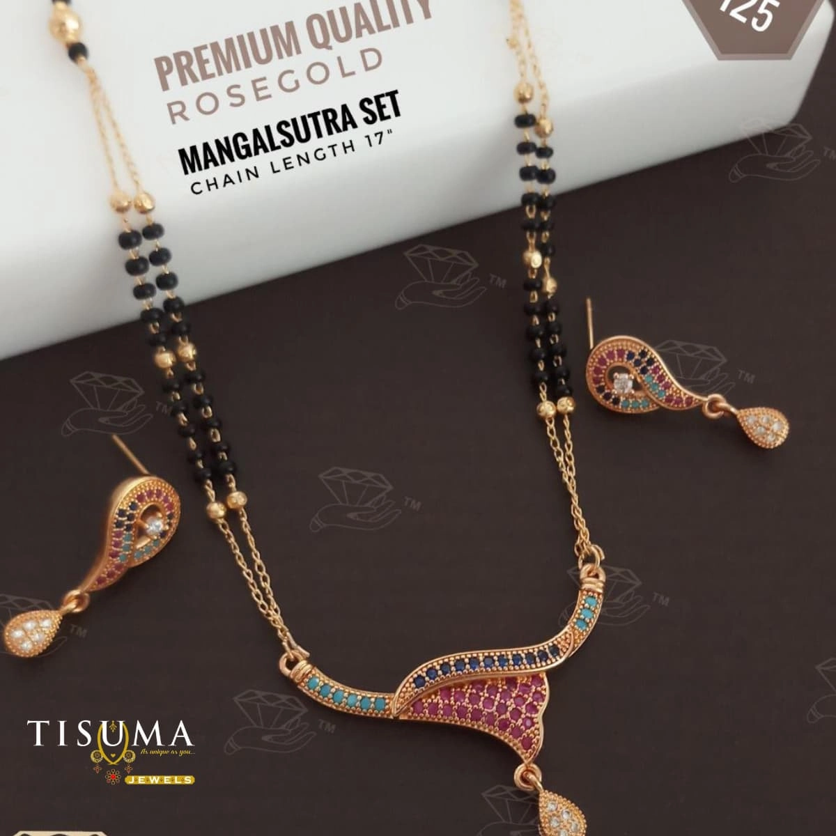 Rose gold finish mangalsutra with multicolour wave pendant, black beads chain and matching earrings