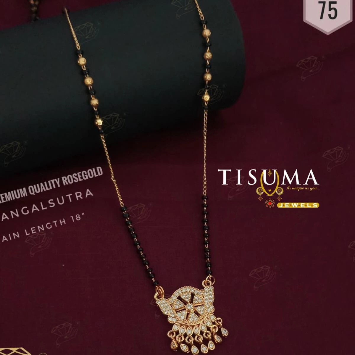 Rose gold finish mangalsutra with AD stone pendant and black bead chain