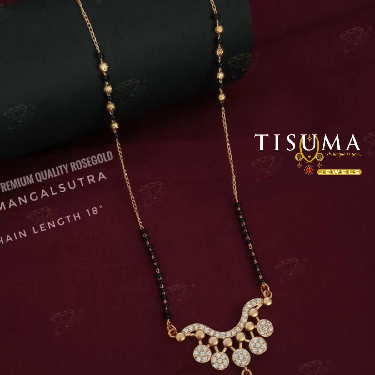 Rose gold finish mangalsutra with curved white AD stone pendant and round drops