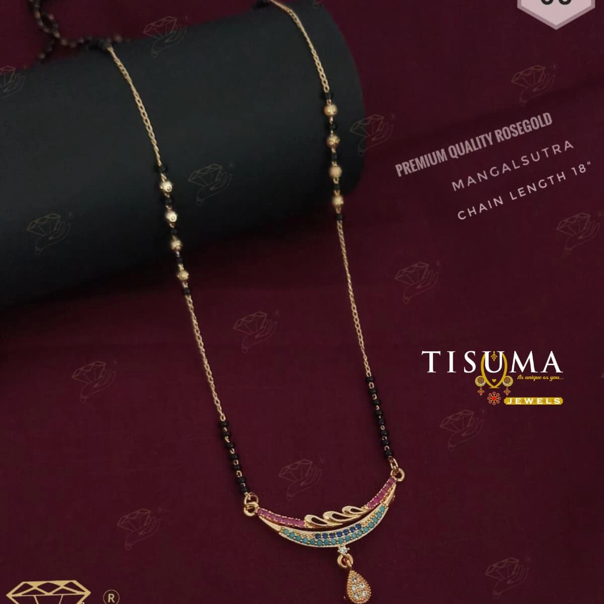 Rose gold mangalsutra with black bead chain and pink blue curved stone pendant