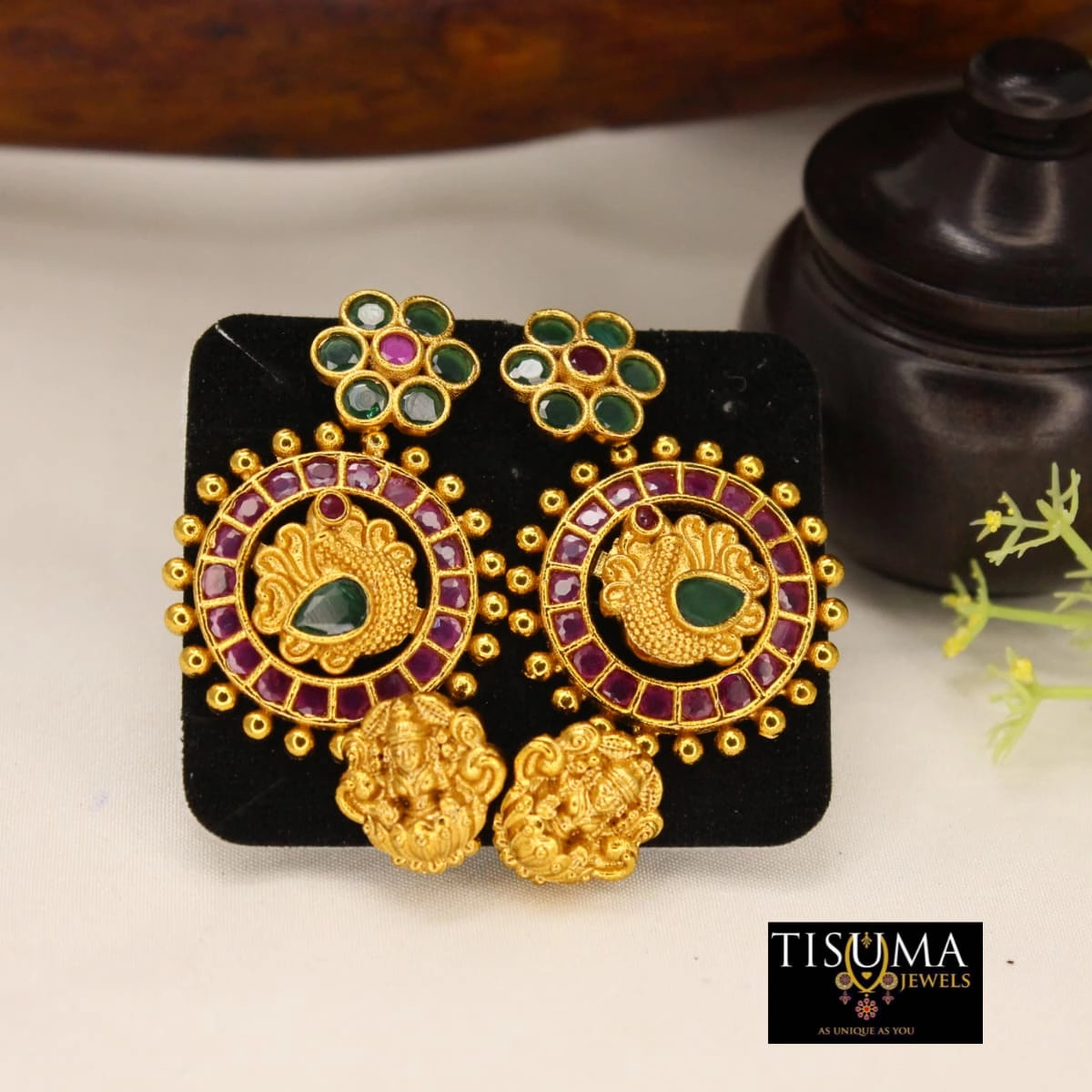 Antique gold-tone peacock stud earrings with ruby-pink and green stones