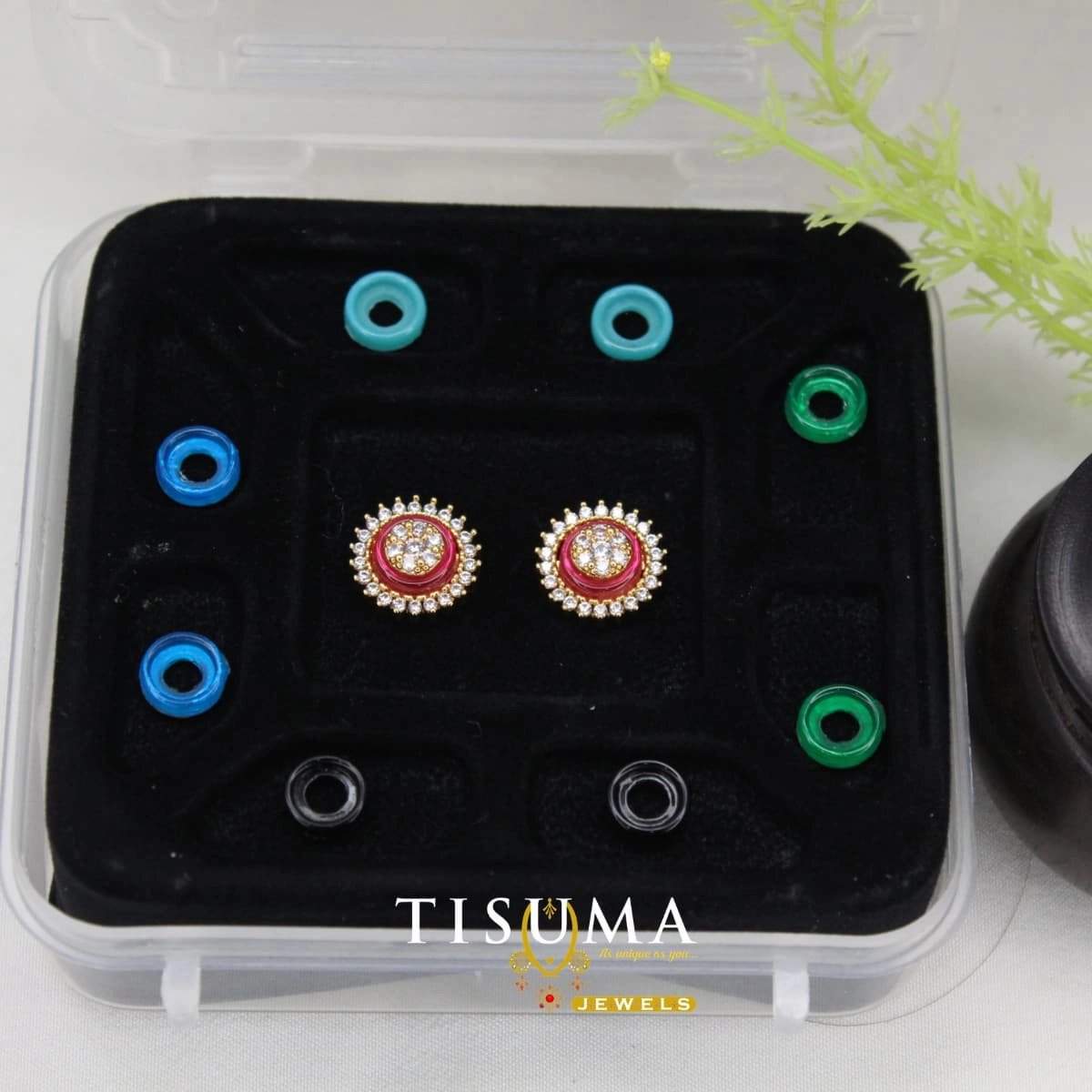 Ruby red round AD stud earrings with clear centre stones and gold-tone circular borders