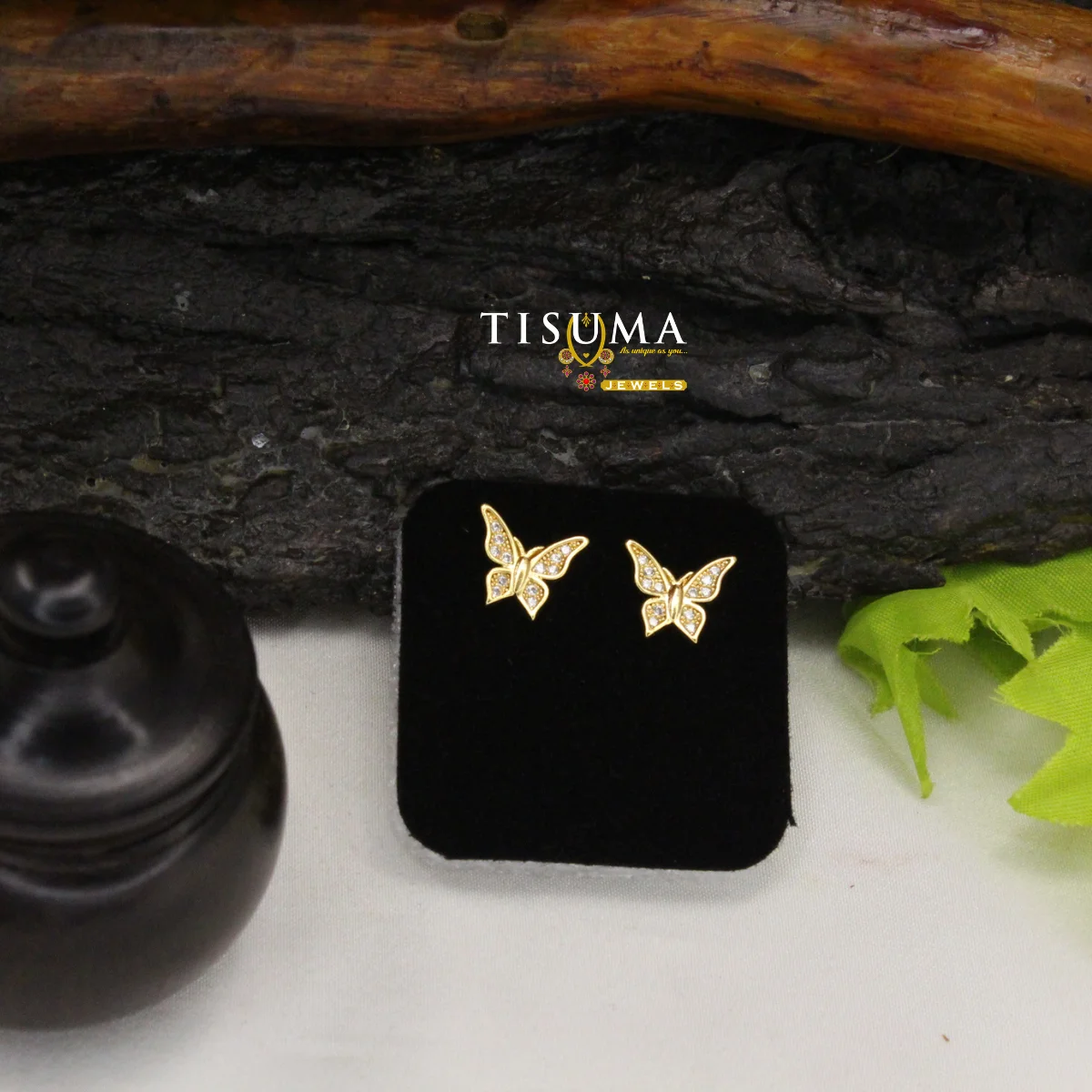 Gold-tone butterfly stud earrings with clear decorative stones