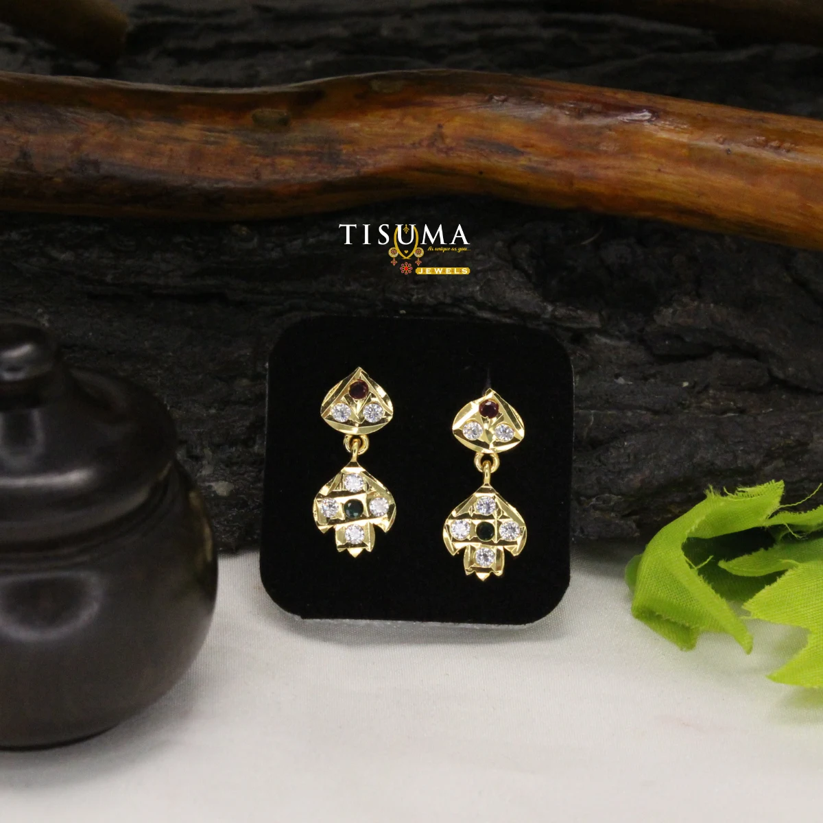Gold-tone geometric drop earrings with ruby-red green and white stones