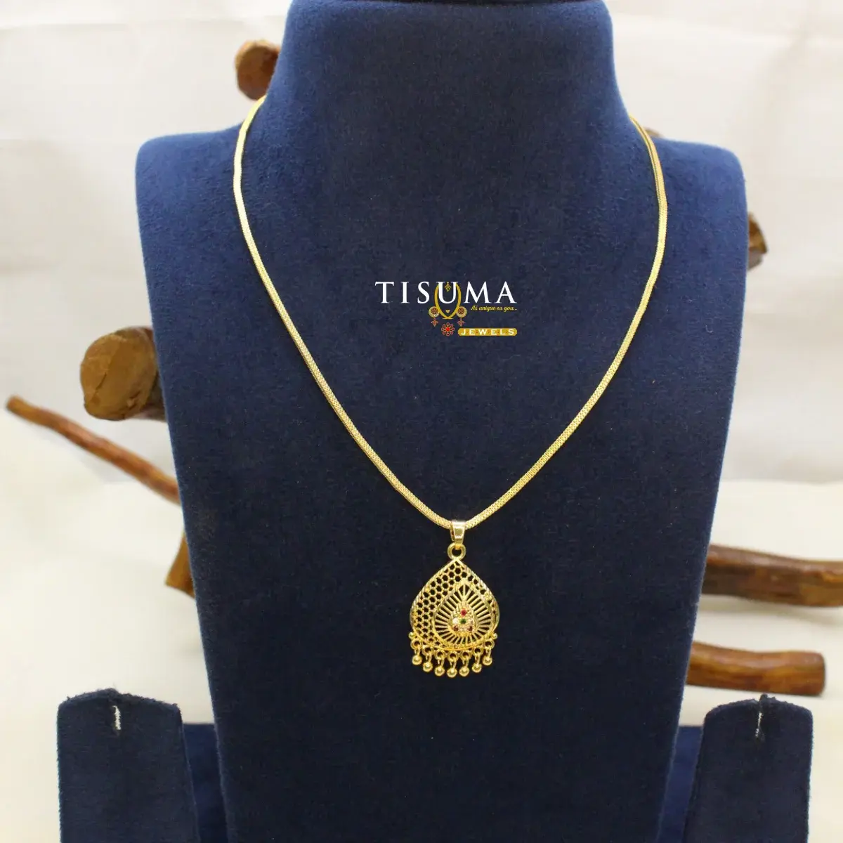 Traditional One Gram Micro Gold Plated Openwork Jaali Teardrop Dollar Pendant with Hanging Golden Beads and Flat Chain for Women