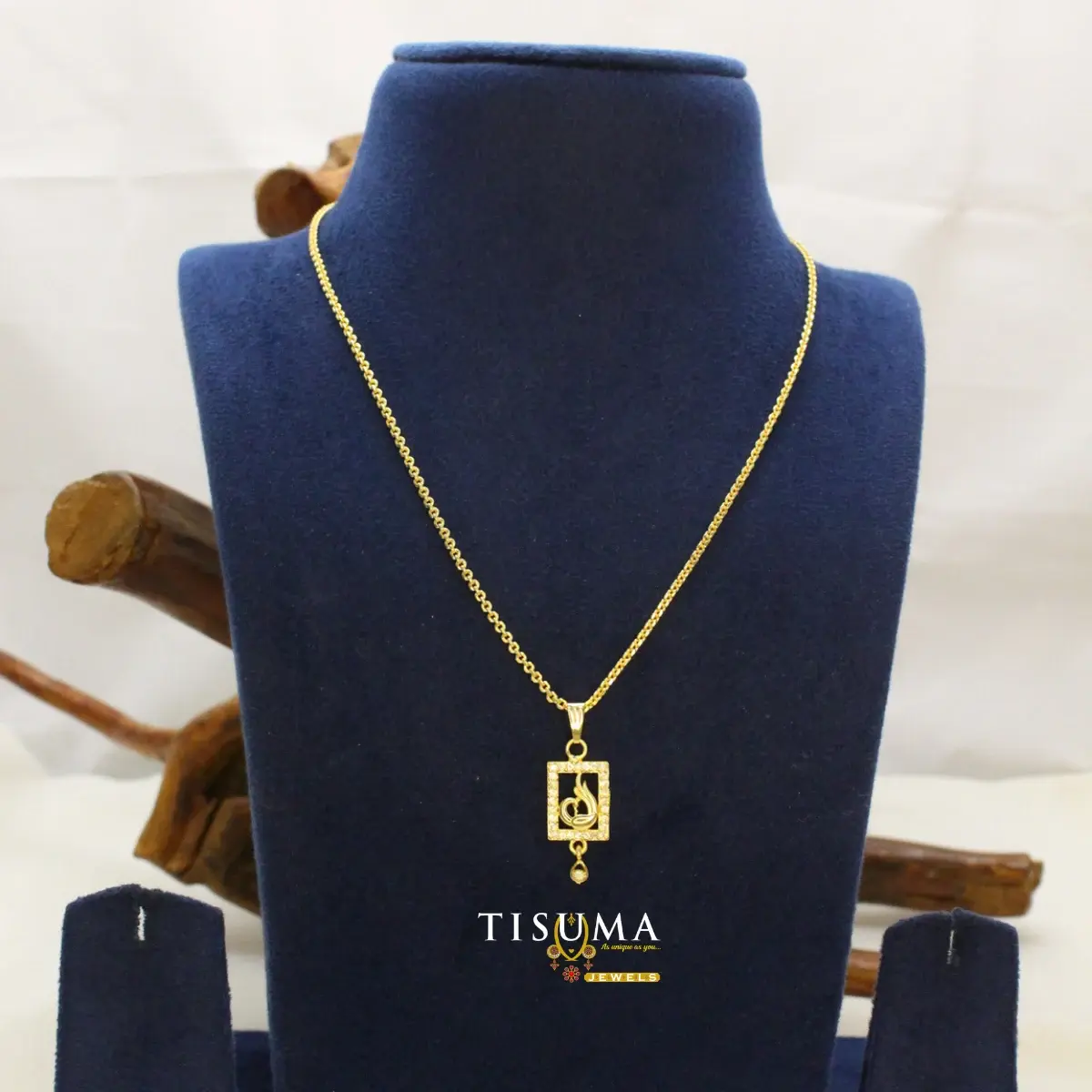 Traditional South Indian Gold Plated Royal Peacock Motif in Rectangular CZ Frame Dollar Pendant with Hanging Bead and Wheat Chain for Women
