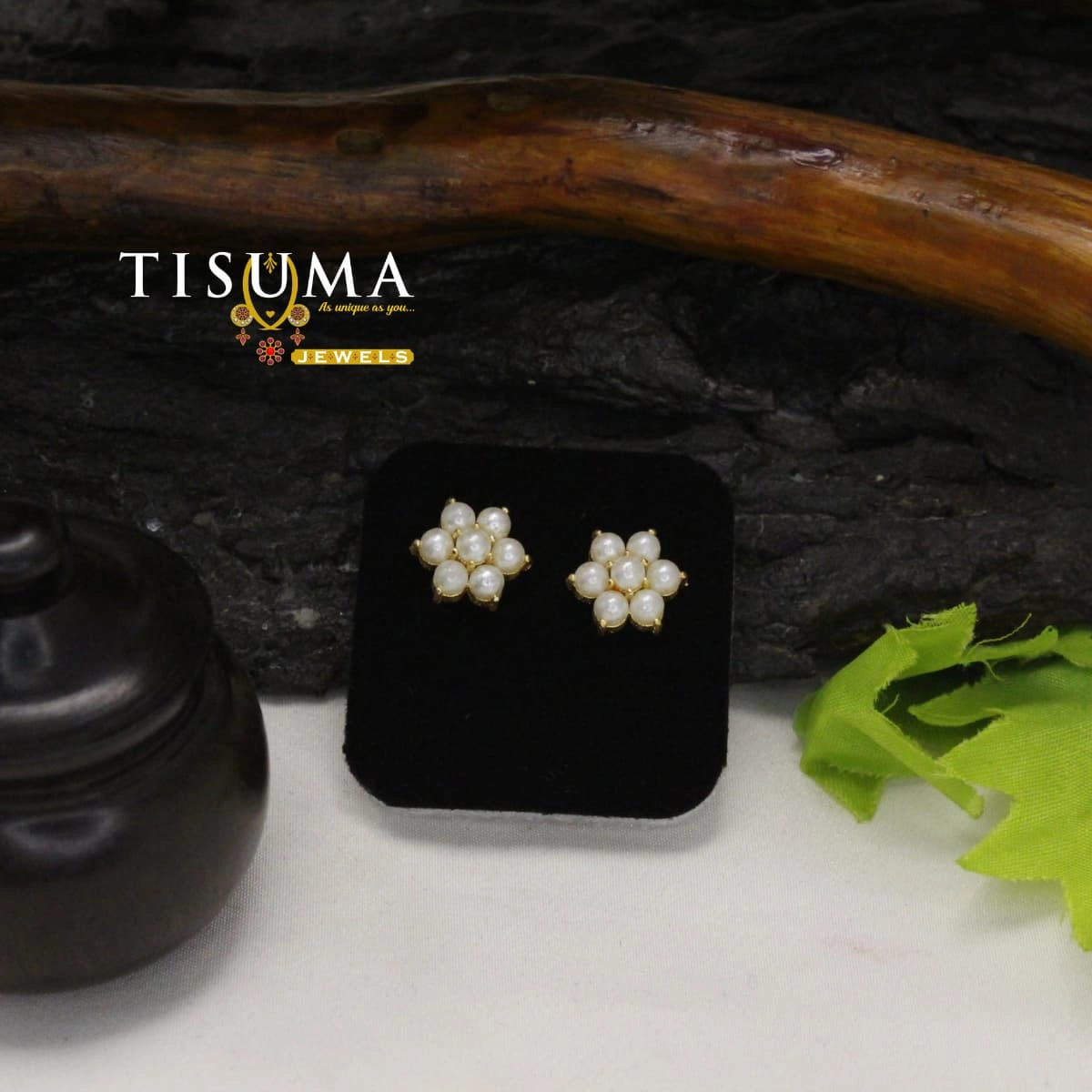 White pearl cluster flower stud earrings with gold-tone detailing