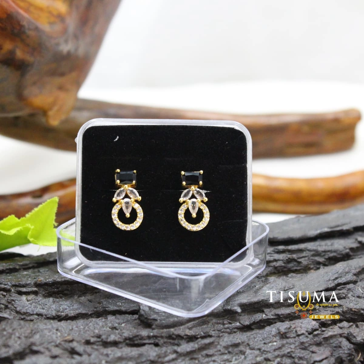 Black stone circular AD drop earrings with white sparkling stones and gold-tone finish