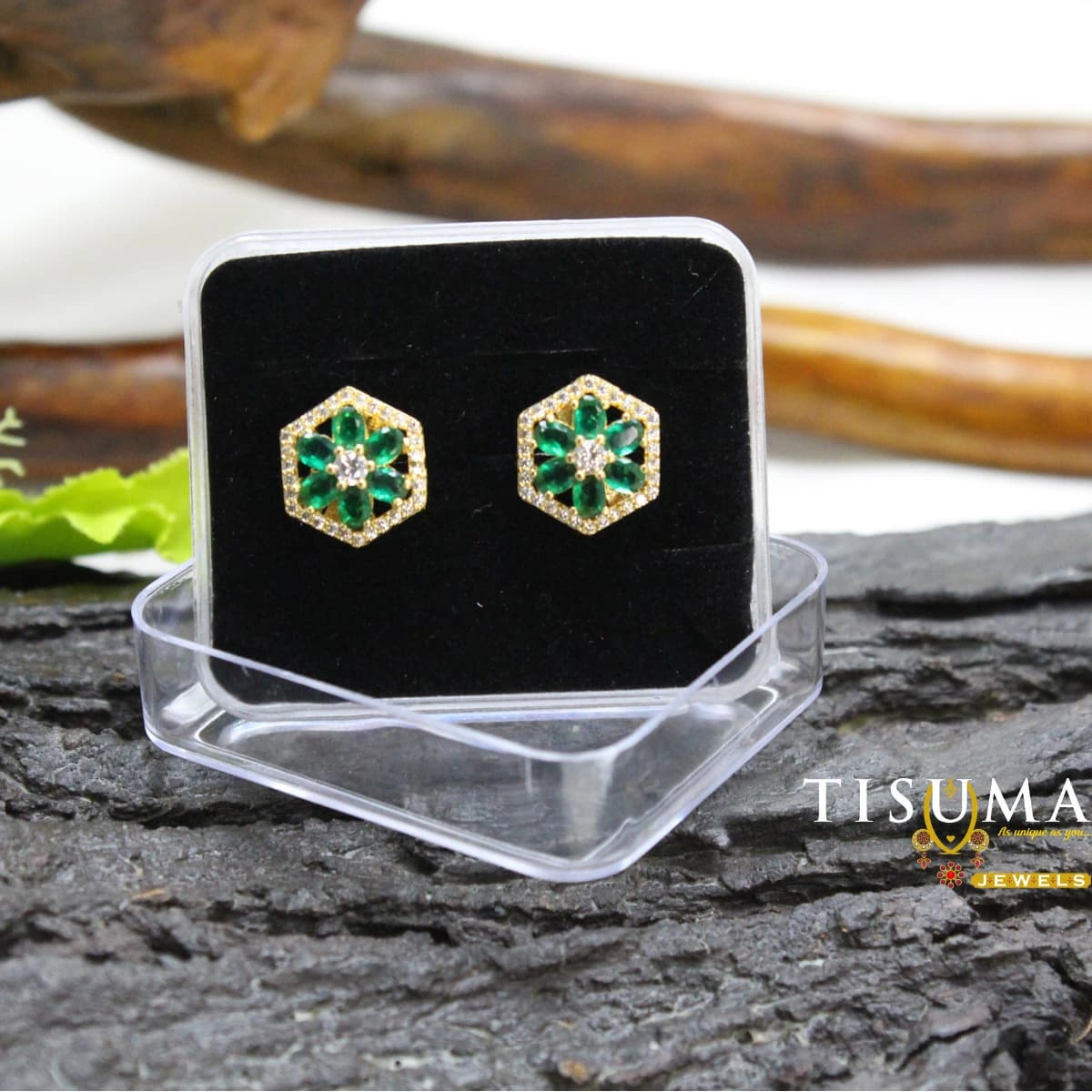 Green floral AD stud earrings with a hexagon frame, white stone accents and gold-tone finish