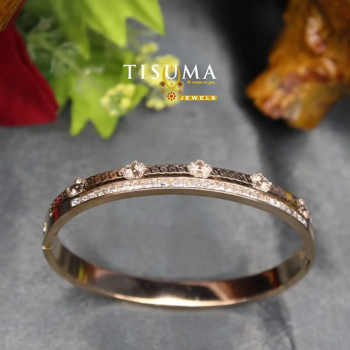 Contemporary Rose Gold Anti-Tarnish Raised Floral Blossom Studs Dual-Track Channel CZ Kada Bracelet for Women