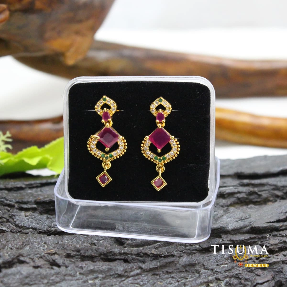 Ruby-pink and green stone traditional drop earrings with white AD-style stones and gold-tone detailing