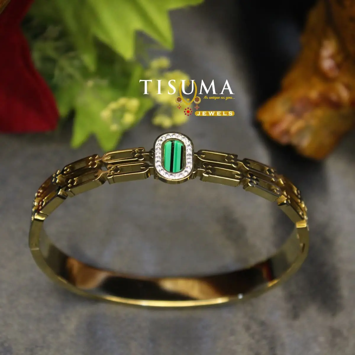 Contemporary 18K Yellow Gold Plated Anti-Tarnish Oval Emerald Green Gemstone with Pavé CZ Halo and Watch-Link Band Kada Bracelet for Women