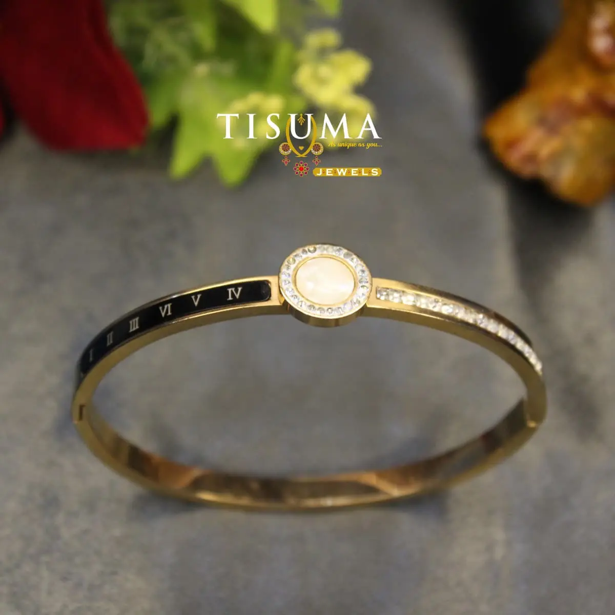 Contemporary 18K Yellow Gold Plated Anti-Tarnish Mother-of-Pearl Center Medallion with CZ Halo and Black Enamel Roman Numeral Band Kada Bracelet for Women