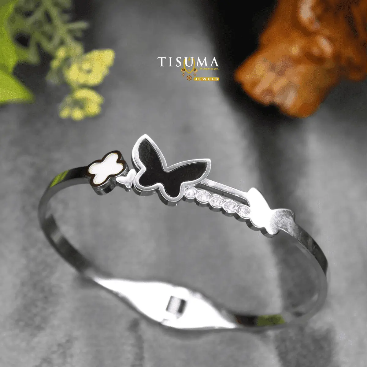 Contemporary High-Polish Silver Anti-Tarnish Black Enamel Butterfly with White Inlay Clover and CZ Channel Kada Bracelet for Women
