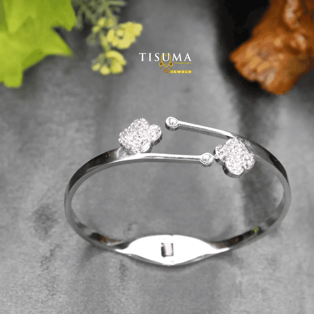 Contemporary High-Polish Silver Anti-Tarnish Shimmering Pavé CZ Twin Clover Motif Open Bypass Cuff Kada Bracelet for Women
