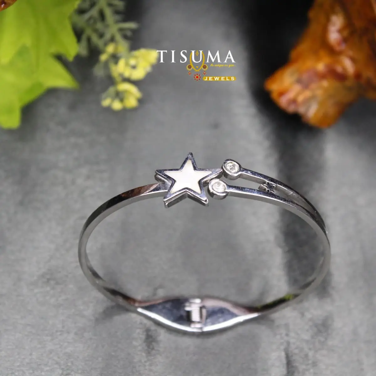 Contemporary High-Polish Silver Anti-Tarnish Mother-of-Pearl Inlay Celestial Star with Twin Bezel CZ Open Bypass Cuff Kada Bracelet for Women