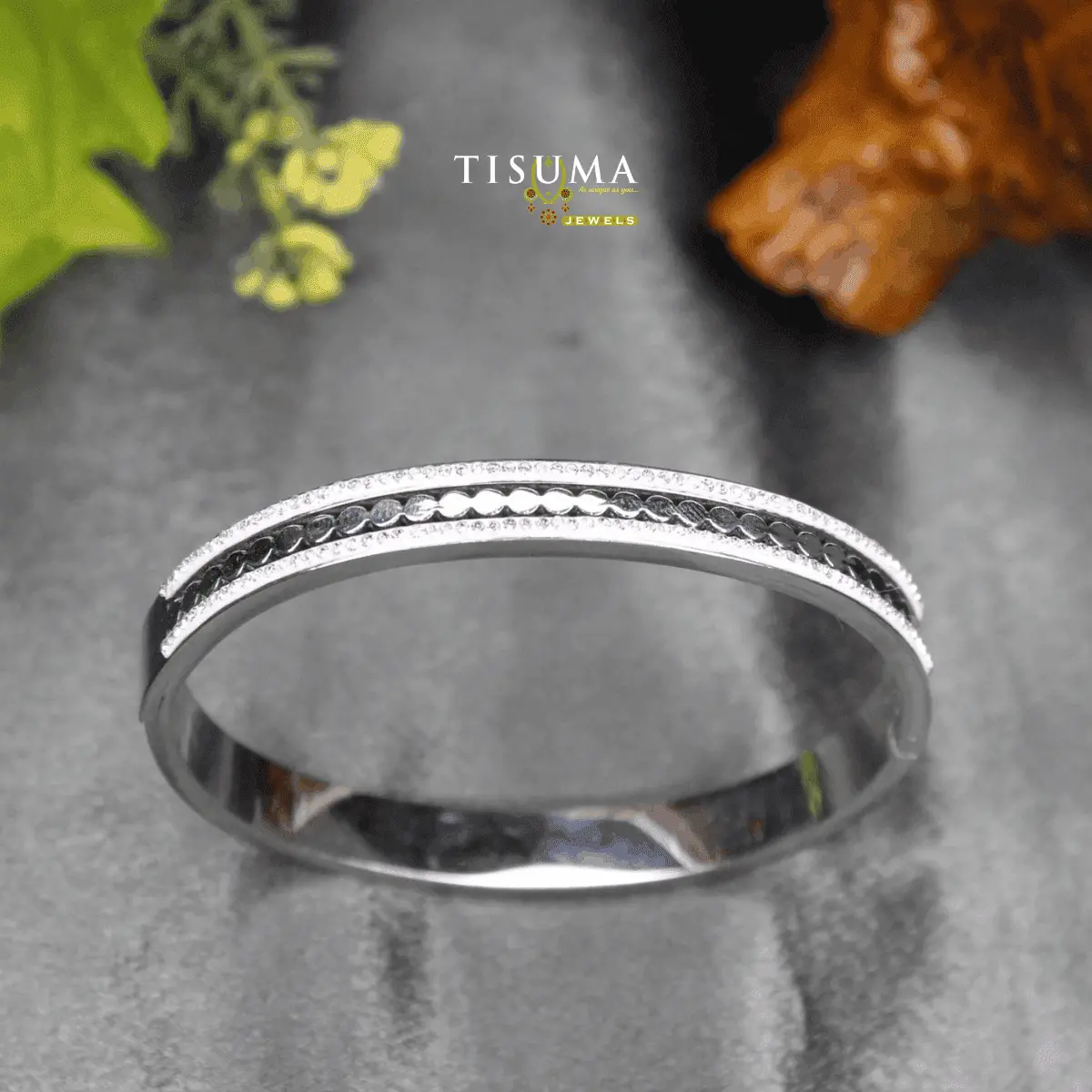 Contemporary High-Polish Silver Anti-Tarnish Dual Micro-Pavé CZ Rails with Scalloped Coin Disc Center Track Kada Bracelet for Women
